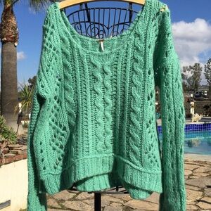 Free People Mint Green Off-the-Shoulder Cable Knit Sweater